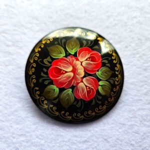 Vintage Brooch Pin USSR Russian Folk Craft Flowers Palekh